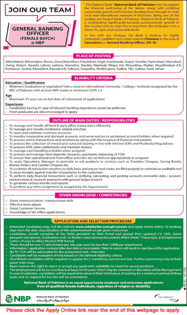 NBP General Banking Officer Jobs July 2026 Apply Online