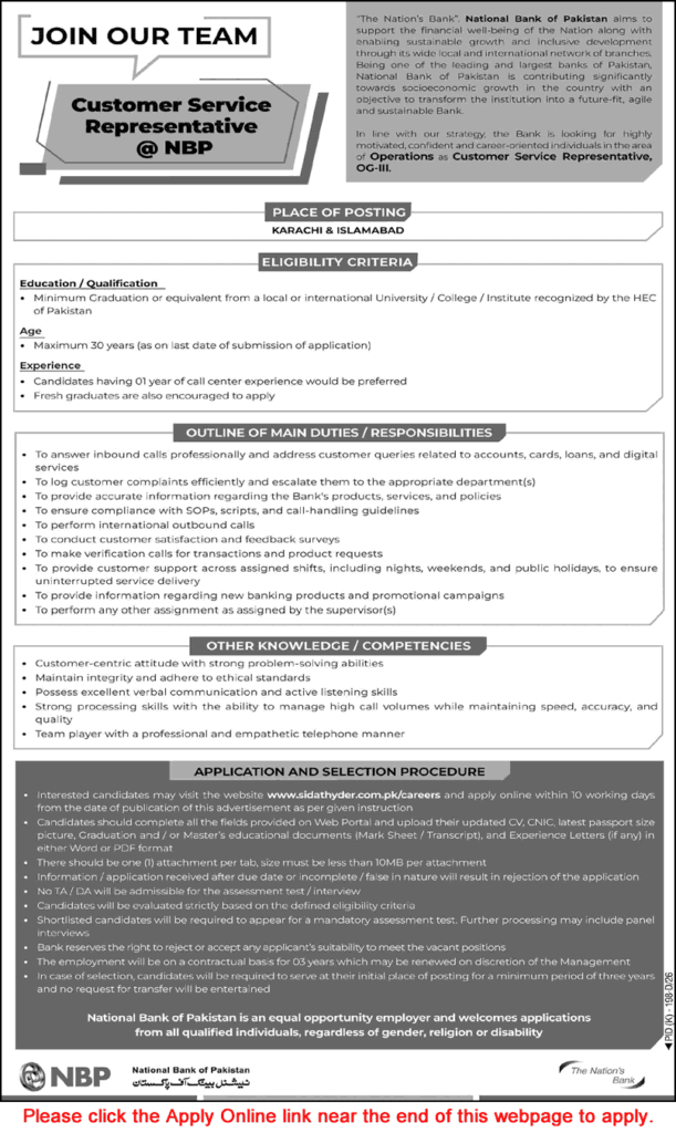 NBP Customer Service Representative Jobs July26 Apply Online