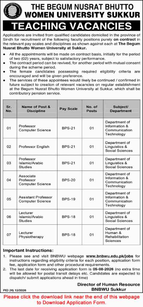Begum Nusrat Bhutto Women University Jobs July 2026
