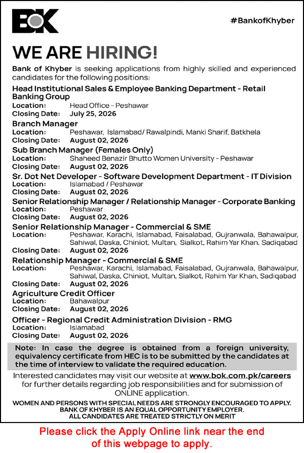 Bank of Khyber Jobs July 2026 Apply Online | Branch Managers