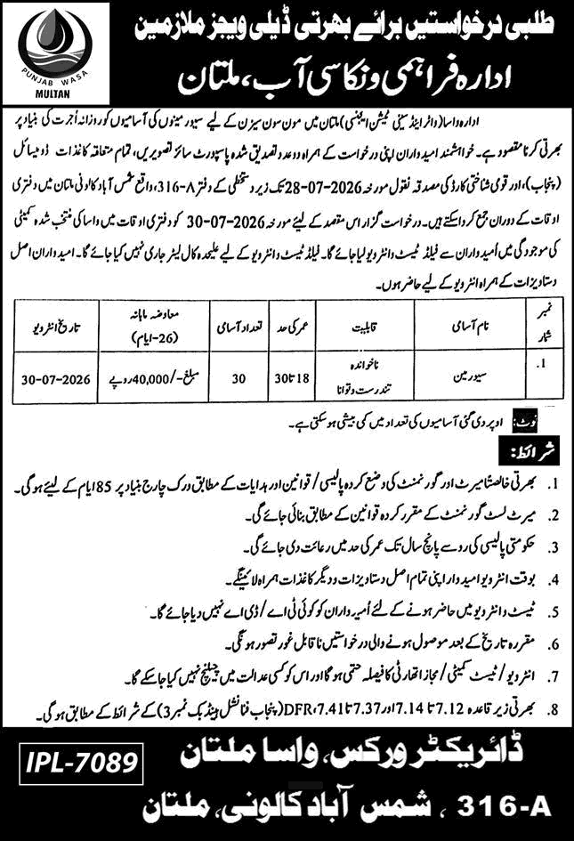 WASA Multan Sewerman Jobs July 2026 Apply Now | Latest jobs