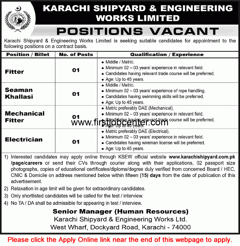 Karachi Shipyard and Engineering Works Jobs August 26 Apply