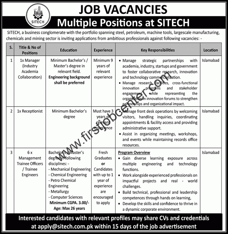 SITECH Islamabad Jobs August 2026 Easy Apply Online