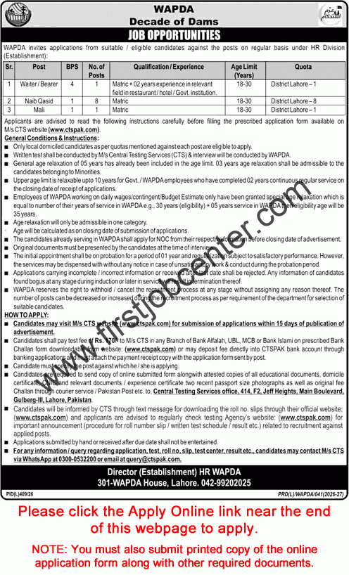 WAPDA Jobs August 2026 – CTS Apply Online | Naib Qasid Mali