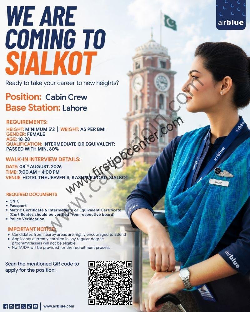 Airblue Pakistan Cabin Crew Jobs August 26 Walk-in Interview