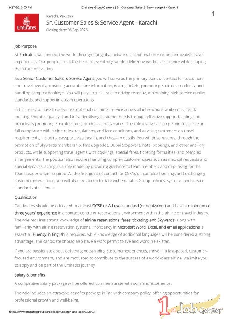 Emirates Airways Jobs August 2026 – Senior Customer Sales